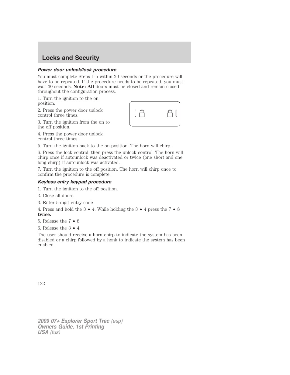 Power door unlock/lock procedure, Keyless entry keypad procedure, Locks and security | FORD 2009 Explorer Sport Trac v.1 User Manual | Page 122 / 356