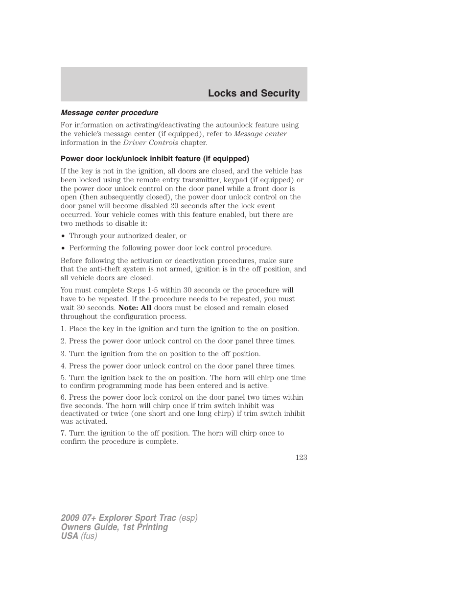 Message center procedure, Locks and security | FORD 2009 Explorer Sport Trac v.1 User Manual | Page 123 / 356