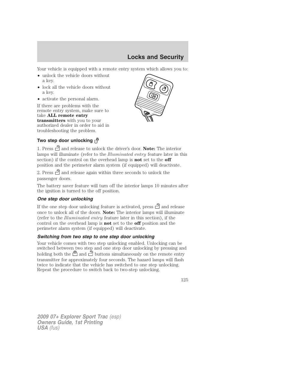Two step door unlocking, One step door unlocking, Switching from two step to one step door unlocking | Locks and security | FORD 2009 Explorer Sport Trac v.1 User Manual | Page 125 / 356