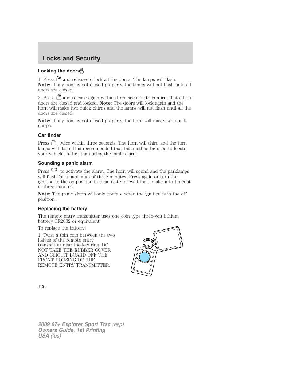 Locking the doors, Car finder, Sounding a panic alarm | Replacing the battery, Locks and security | FORD 2009 Explorer Sport Trac v.1 User Manual | Page 126 / 356