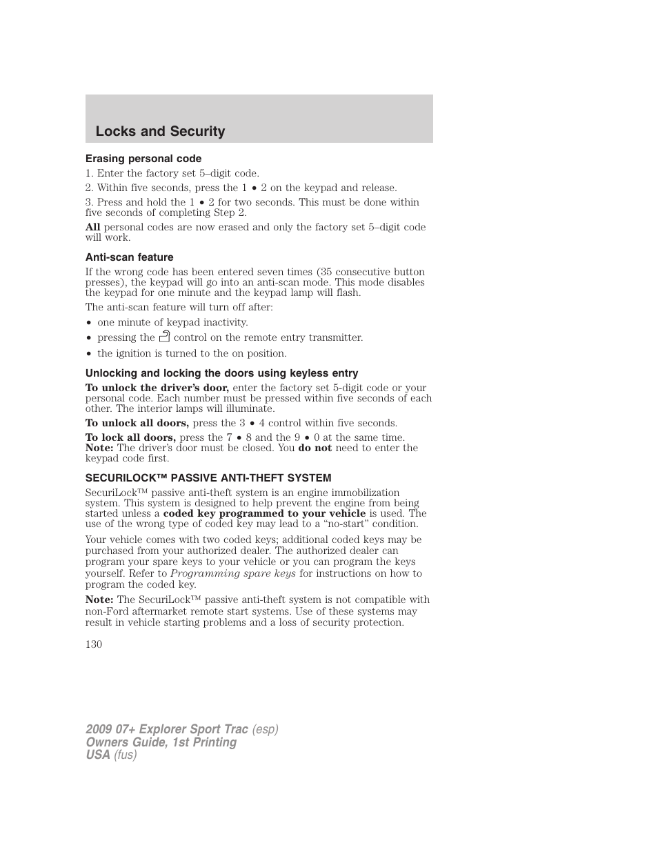 Erasing personal code, Anti-scan feature, Securilock™ passive anti-theft system | Anti-theft system, Locks and security | FORD 2009 Explorer Sport Trac v.1 User Manual | Page 130 / 356