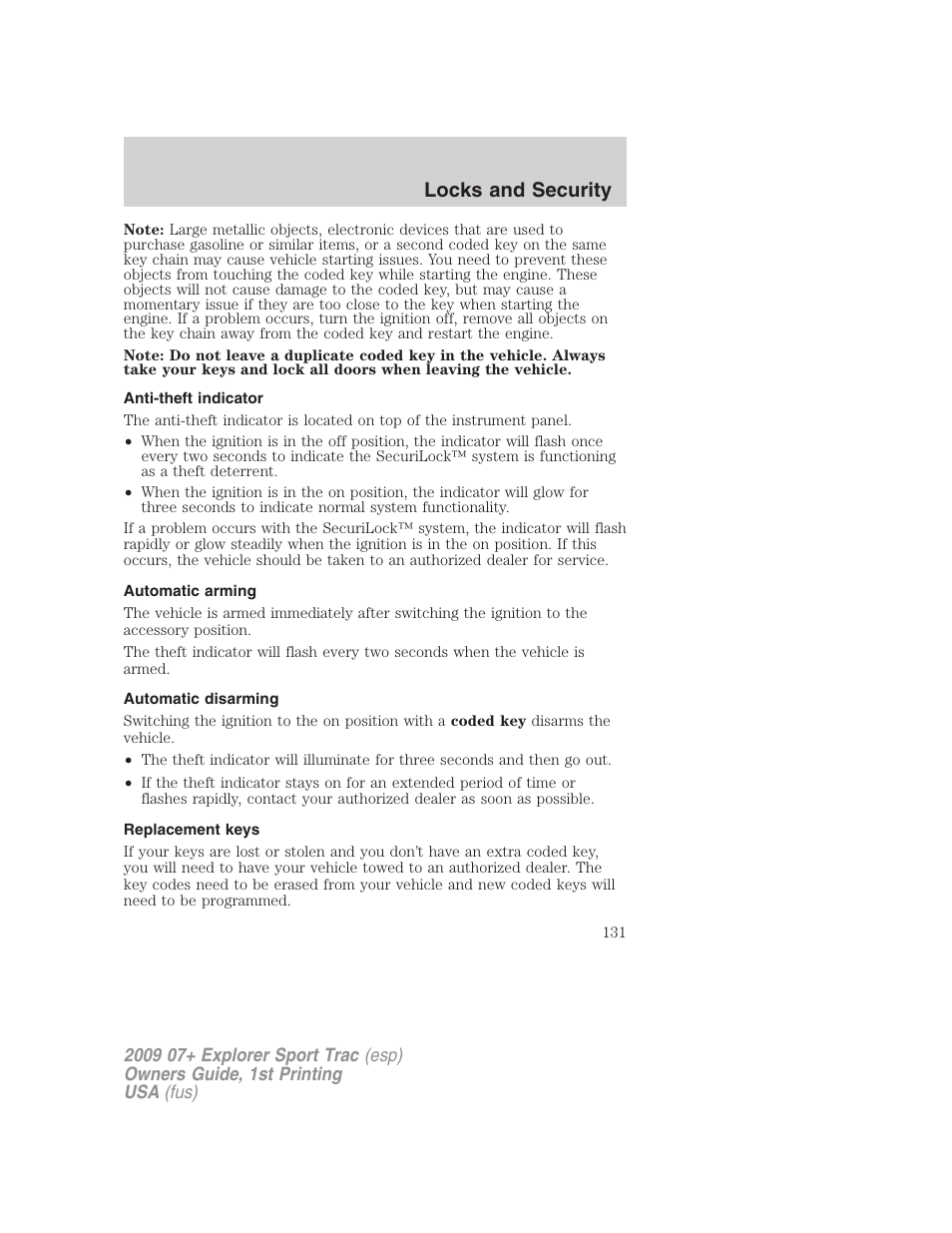 Anti-theft indicator, Automatic arming, Automatic disarming | Replacement keys, Locks and security | FORD 2009 Explorer Sport Trac v.1 User Manual | Page 131 / 356