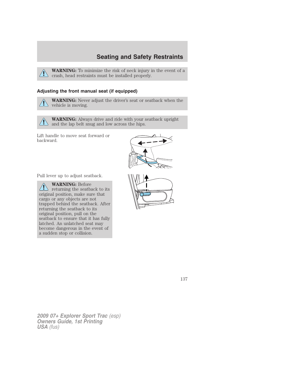 Adjusting the front manual seat (if equipped), Seating and safety restraints | FORD 2009 Explorer Sport Trac v.1 User Manual | Page 137 / 356