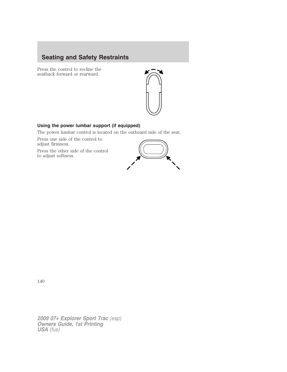 Using the power lumbar support (if equipped), Seating and safety restraints | FORD 2009 Explorer Sport Trac v.1 User Manual | Page 140 / 356