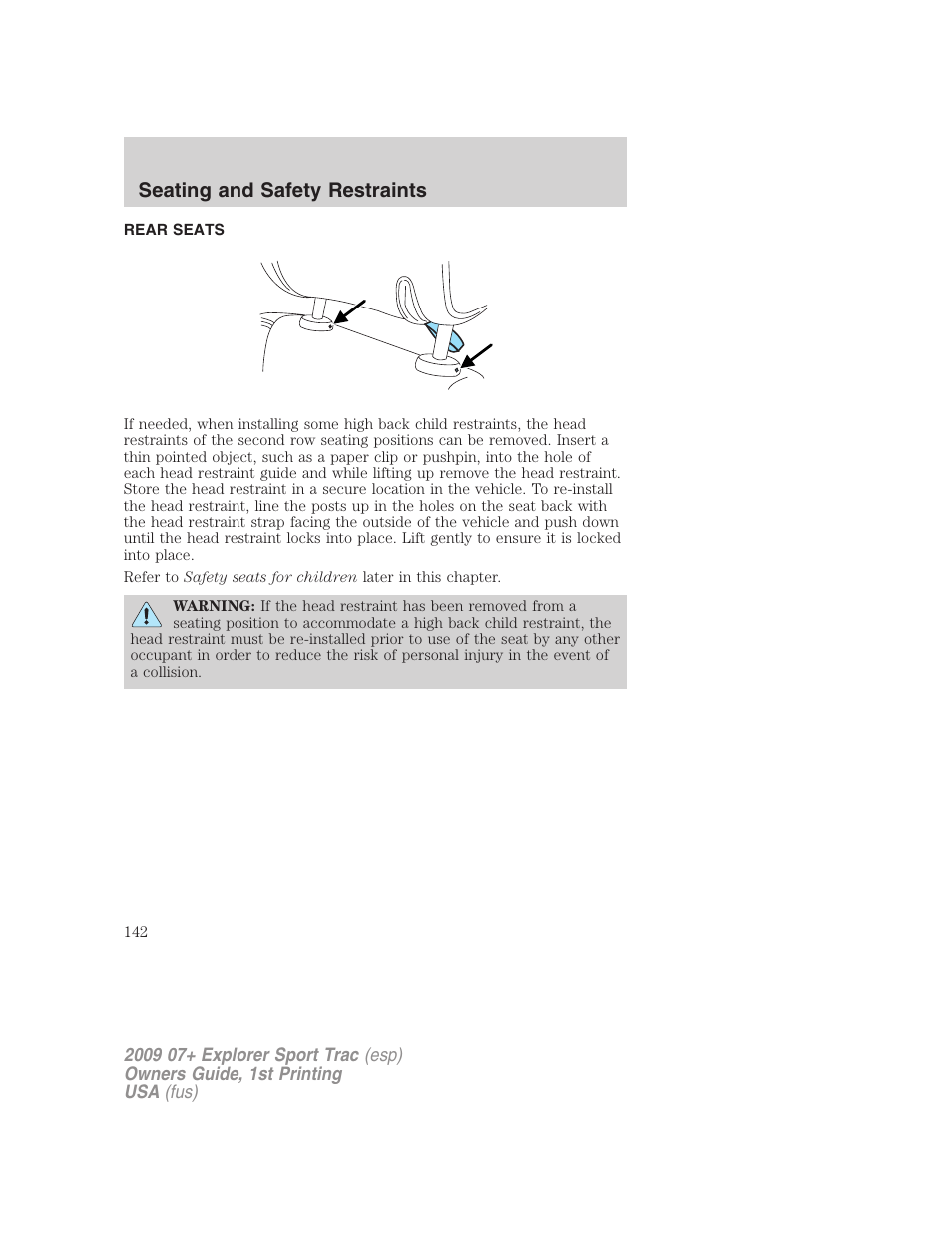 Rear seats, Seating and safety restraints | FORD 2009 Explorer Sport Trac v.1 User Manual | Page 142 / 356