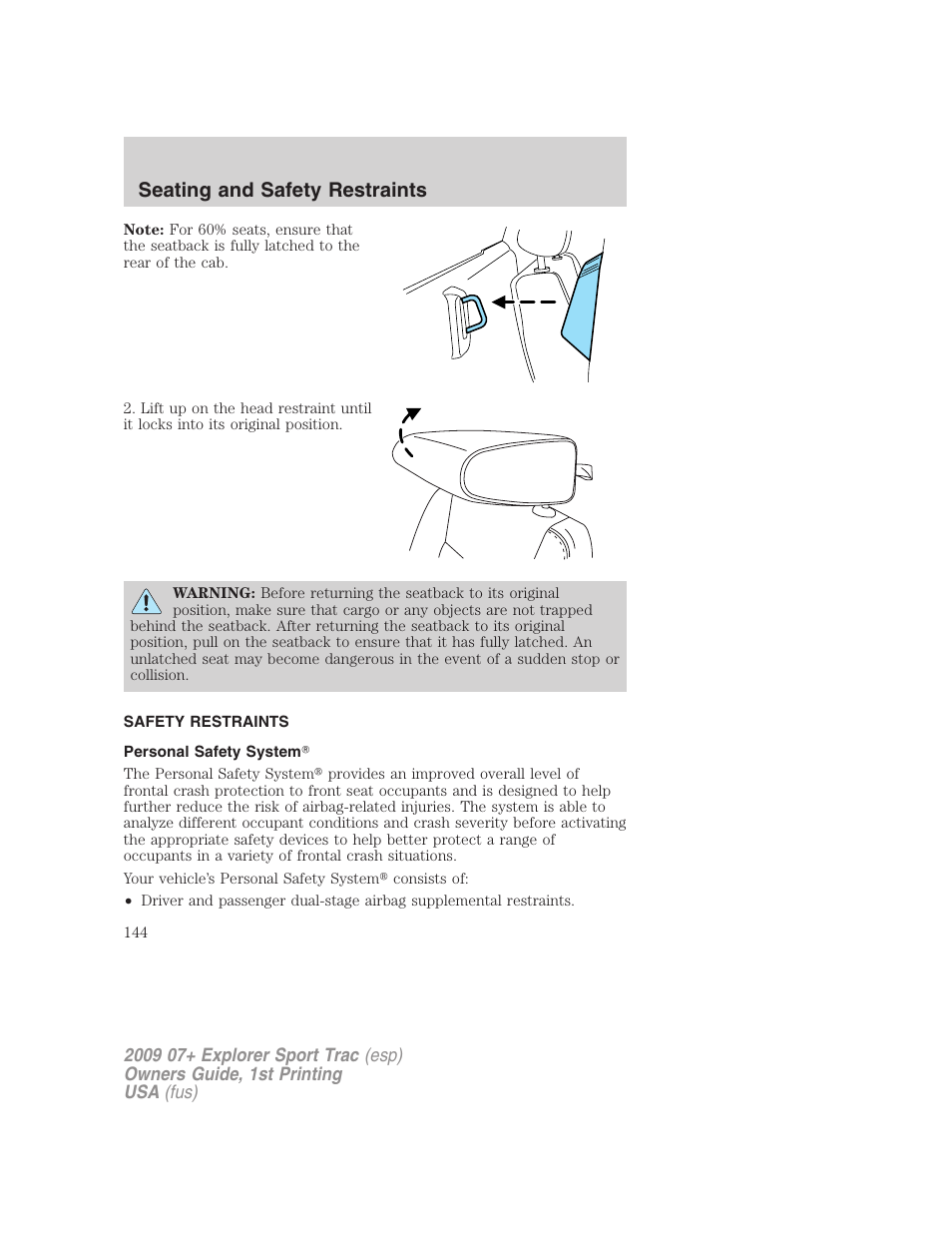 Safety restraints, Personal safety system, Seating and safety restraints | FORD 2009 Explorer Sport Trac v.1 User Manual | Page 144 / 356