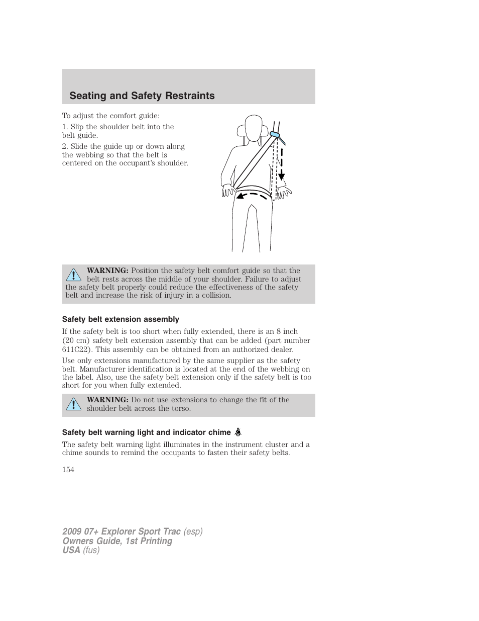 Safety belt extension assembly, Safety belt warning light and indicator chime, Seating and safety restraints | FORD 2009 Explorer Sport Trac v.1 User Manual | Page 154 / 356