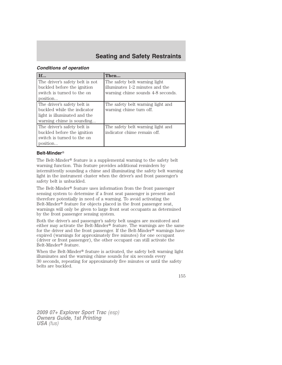 Conditions of operation, Belt-minder, Seating and safety restraints | FORD 2009 Explorer Sport Trac v.1 User Manual | Page 155 / 356