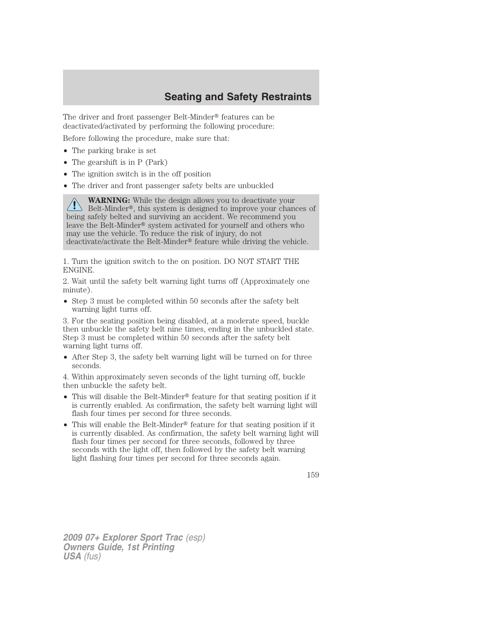 Seating and safety restraints | FORD 2009 Explorer Sport Trac v.1 User Manual | Page 159 / 356