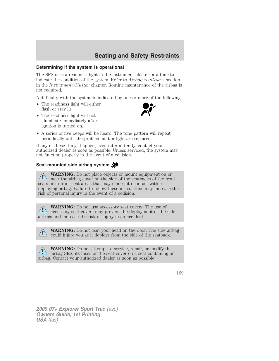 Determining if the system is operational, Seat-mounted side airbag system, Seating and safety restraints | FORD 2009 Explorer Sport Trac v.1 User Manual | Page 169 / 356