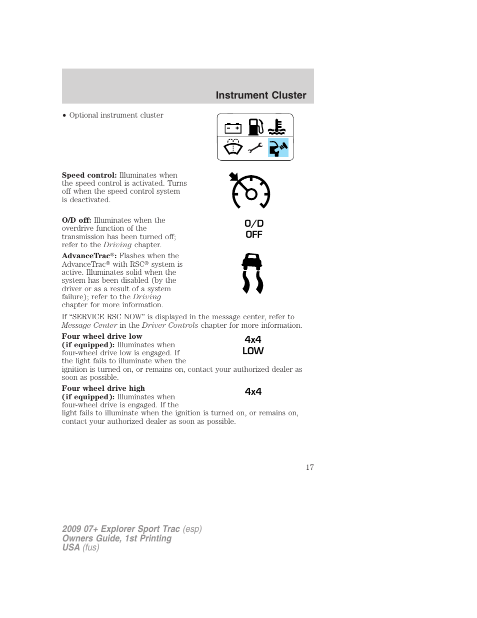 Instrument cluster | FORD 2009 Explorer Sport Trac v.1 User Manual | Page 17 / 356