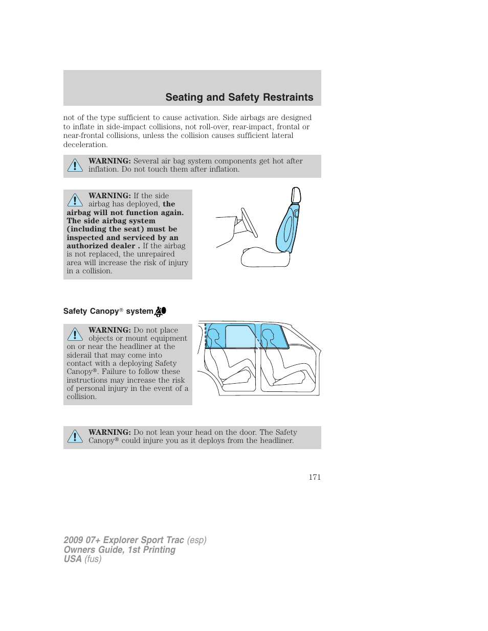 Safety canopy system, Seating and safety restraints | FORD 2009 Explorer Sport Trac v.1 User Manual | Page 171 / 356