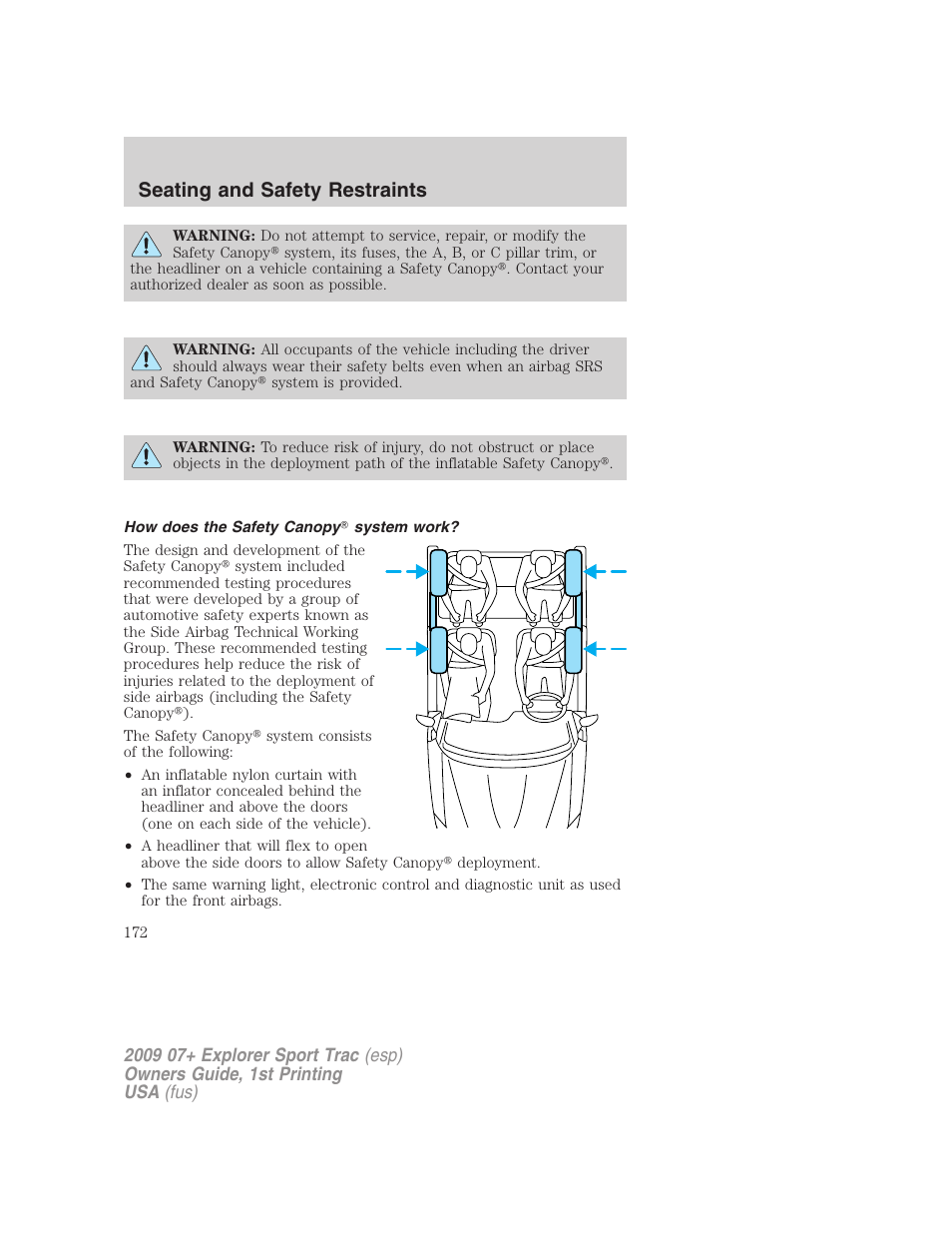 How does the safety canopy system work, Seating and safety restraints | FORD 2009 Explorer Sport Trac v.1 User Manual | Page 172 / 356