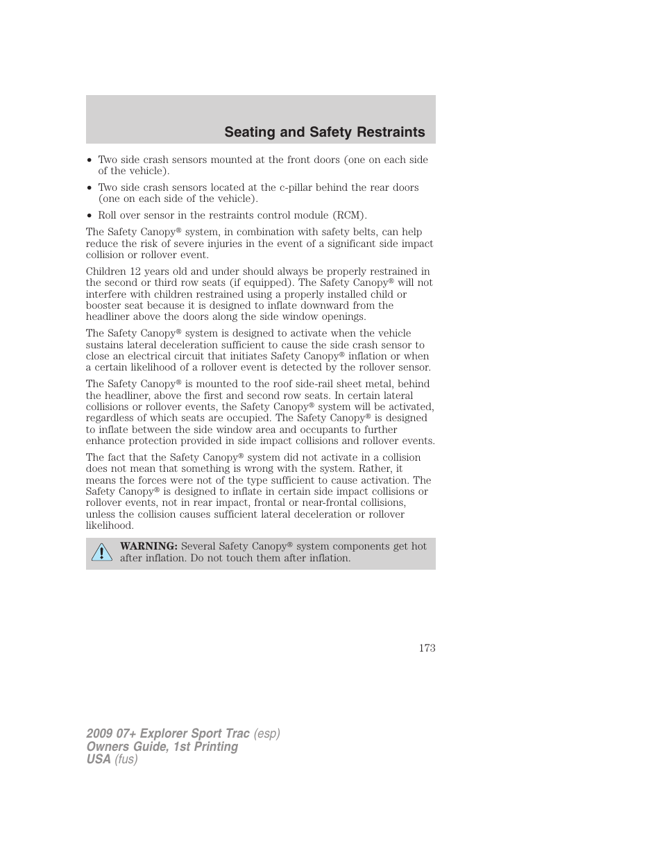 Seating and safety restraints | FORD 2009 Explorer Sport Trac v.1 User Manual | Page 173 / 356