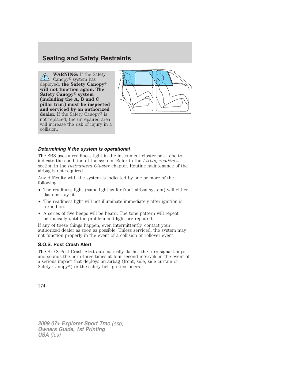 Determining if the system is operational, S.o.s. post crash alert, Seating and safety restraints | FORD 2009 Explorer Sport Trac v.1 User Manual | Page 174 / 356