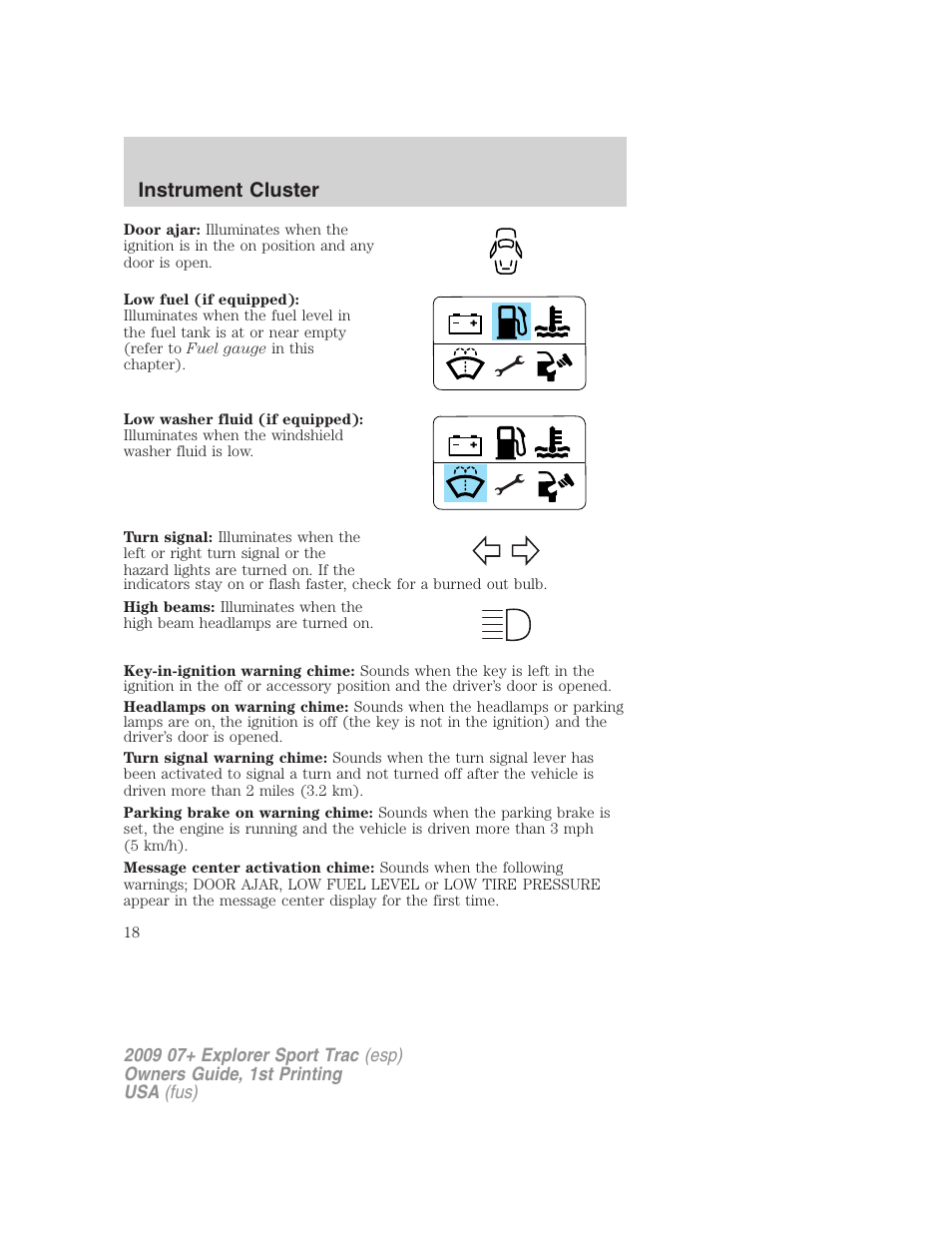 Instrument cluster | FORD 2009 Explorer Sport Trac v.1 User Manual | Page 18 / 356