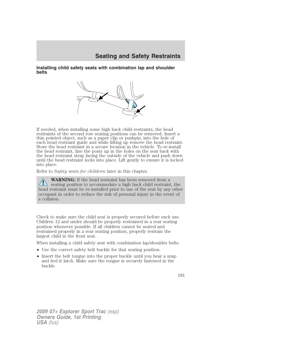 Seating and safety restraints | FORD 2009 Explorer Sport Trac v.1 User Manual | Page 181 / 356