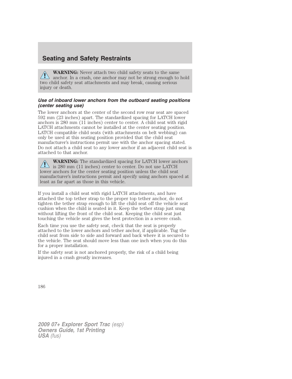 Seating and safety restraints | FORD 2009 Explorer Sport Trac v.1 User Manual | Page 186 / 356