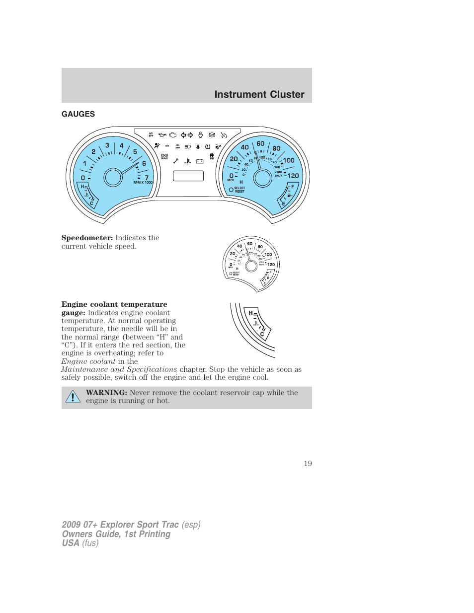 Gauges, Instrument cluster | FORD 2009 Explorer Sport Trac v.1 User Manual | Page 19 / 356