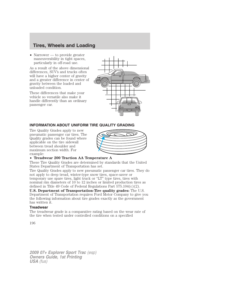 Information about uniform tire quality grading, Treadwear, Tire information | Tires, wheels and loading | FORD 2009 Explorer Sport Trac v.1 User Manual | Page 196 / 356