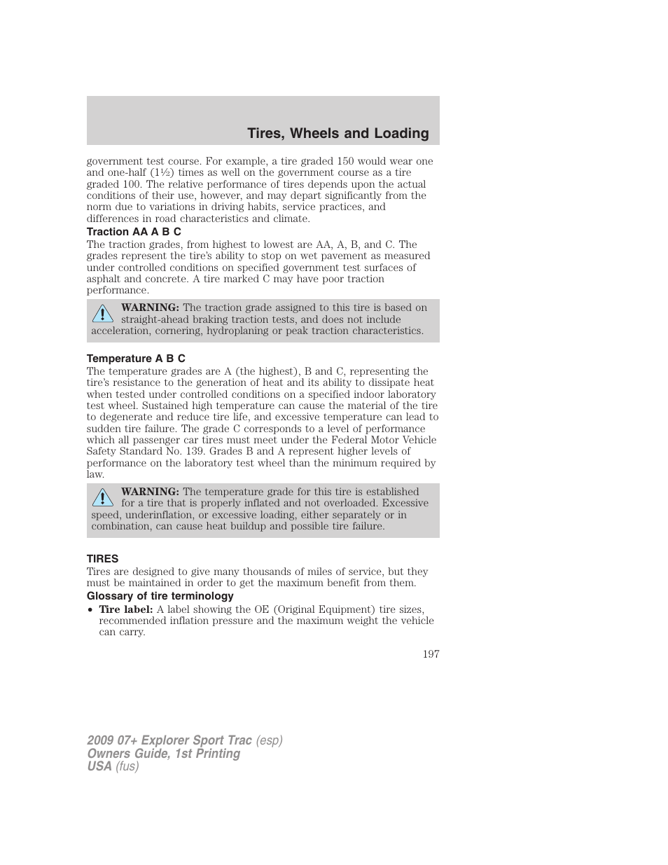 Traction aa a b c, Temperature a b c, Tires | Glossary of tire terminology, Tires, wheels and loading | FORD 2009 Explorer Sport Trac v.1 User Manual | Page 197 / 356