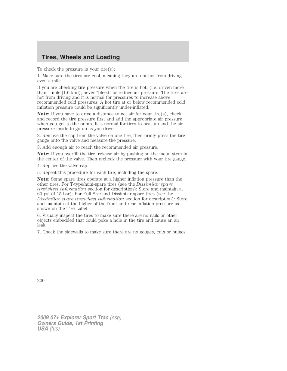 Tires, wheels and loading | FORD 2009 Explorer Sport Trac v.1 User Manual | Page 200 / 356