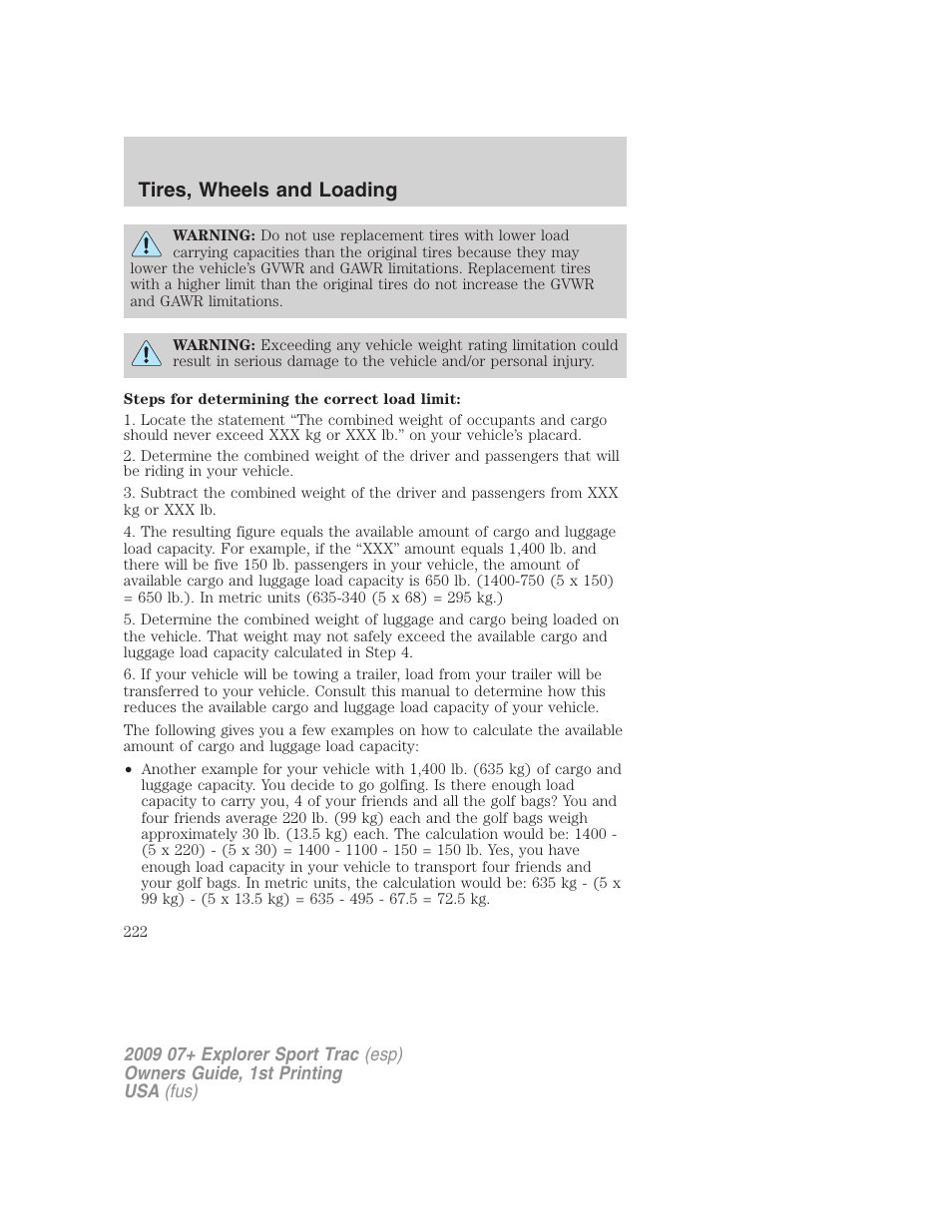 Tires, wheels and loading | FORD 2009 Explorer Sport Trac v.1 User Manual | Page 222 / 356