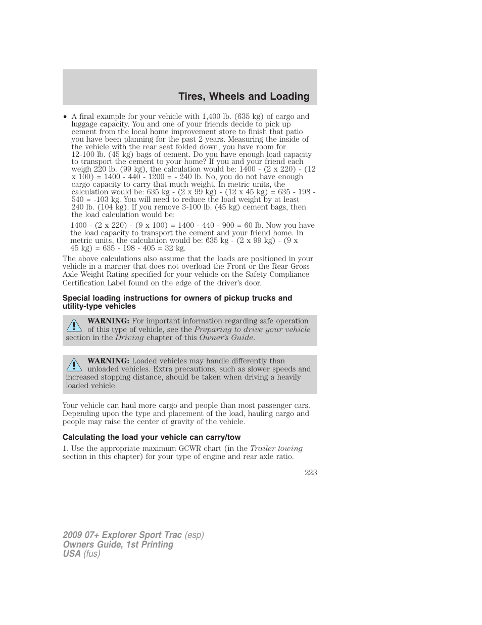 Calculating the load your vehicle can carry/tow, Tires, wheels and loading | FORD 2009 Explorer Sport Trac v.1 User Manual | Page 223 / 356