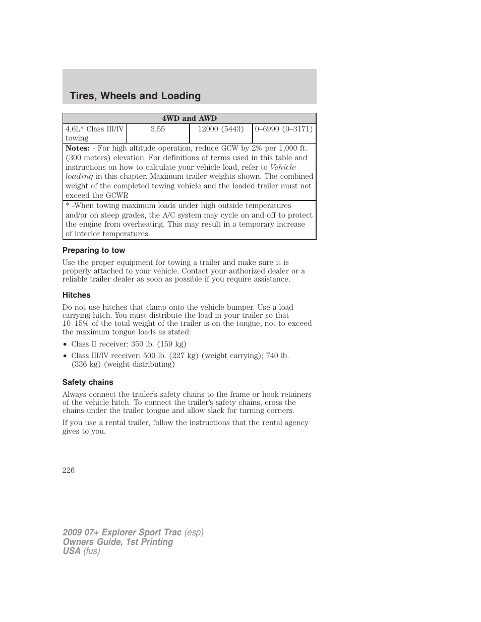 Preparing to tow, Hitches, Safety chains | Tires, wheels and loading | FORD 2009 Explorer Sport Trac v.1 User Manual | Page 226 / 356