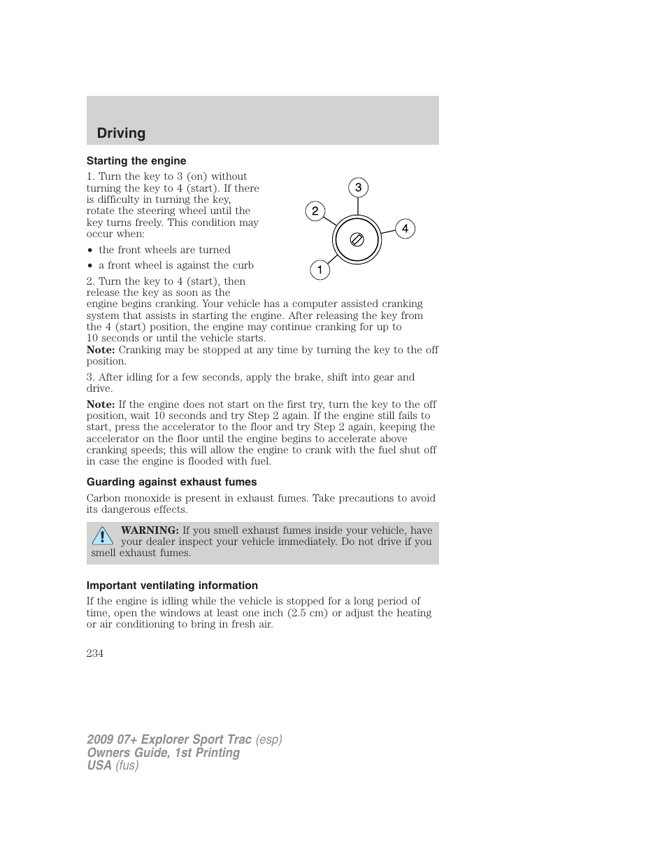 Starting the engine, Guarding against exhaust fumes, Important ventilating information | Driving | FORD 2009 Explorer Sport Trac v.1 User Manual | Page 234 / 356