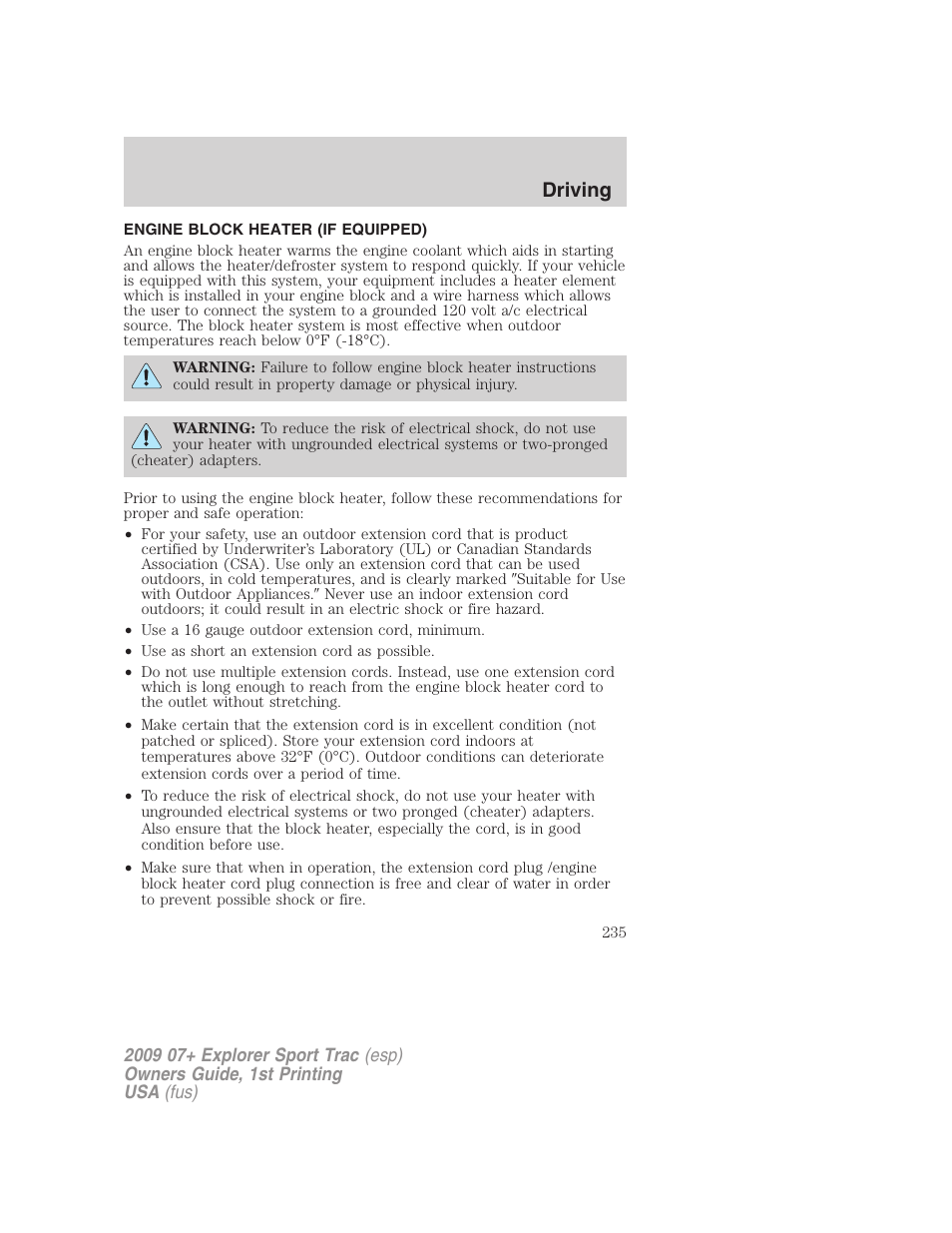 Engine block heater (if equipped), Driving | FORD 2009 Explorer Sport Trac v.1 User Manual | Page 235 / 356