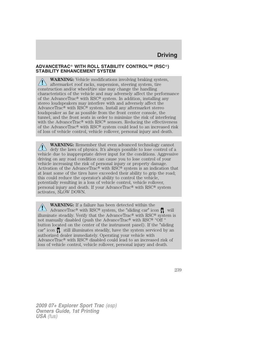 Traction control™/advancetrac, Driving | FORD 2009 Explorer Sport Trac v.1 User Manual | Page 239 / 356