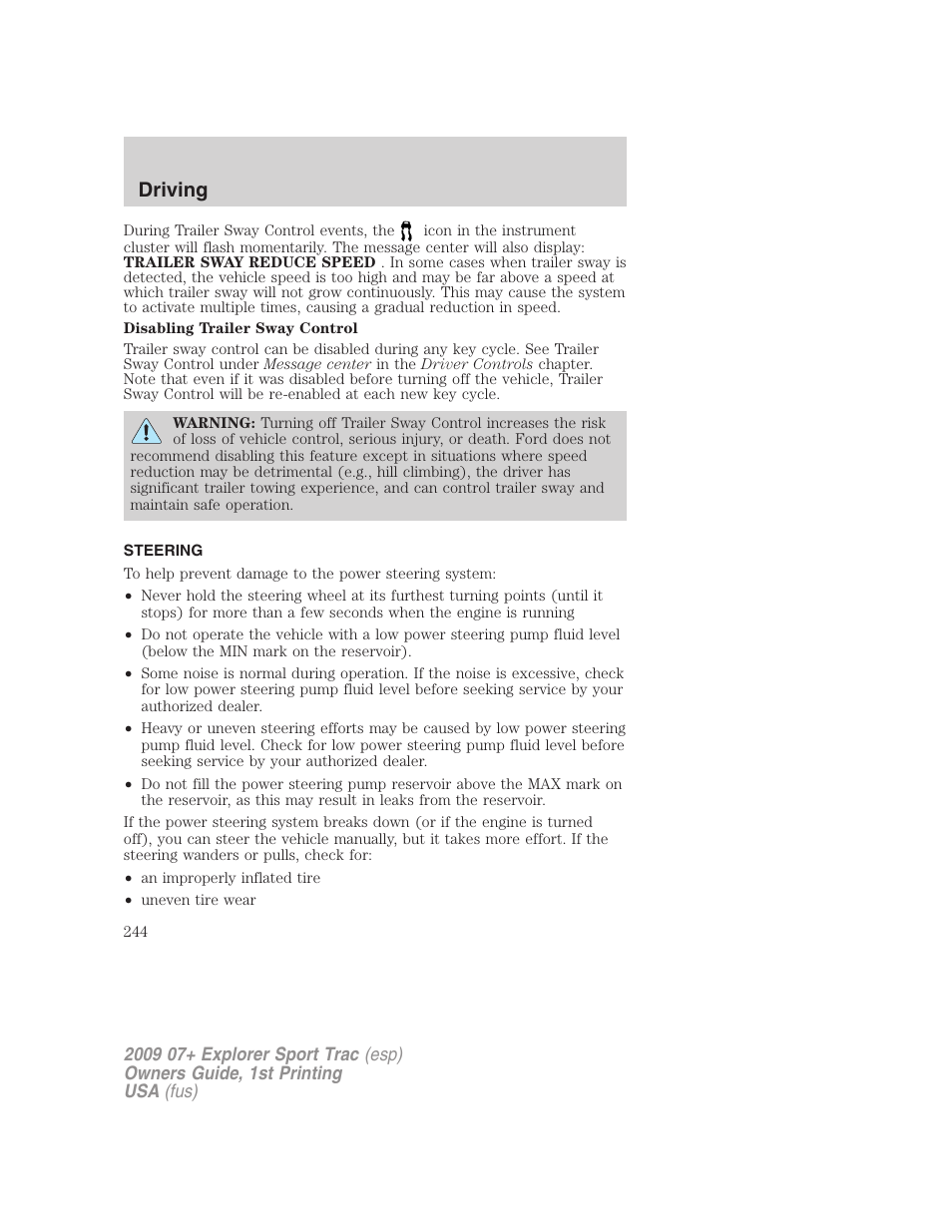 Steering, Driving | FORD 2009 Explorer Sport Trac v.1 User Manual | Page 244 / 356