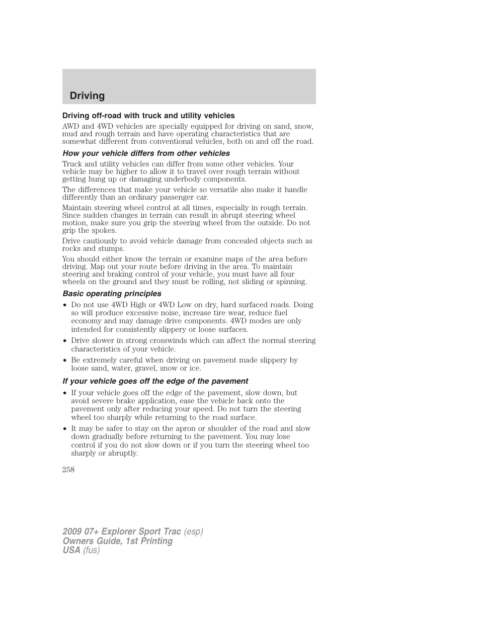 Driving off-road with truck and utility vehicles, How your vehicle differs from other vehicles, Basic operating principles | If your vehicle goes off the edge of the pavement, Driving | FORD 2009 Explorer Sport Trac v.1 User Manual | Page 258 / 356