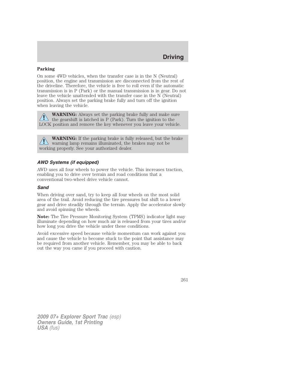 Awd systems (if equipped), Sand, Driving | FORD 2009 Explorer Sport Trac v.1 User Manual | Page 261 / 356