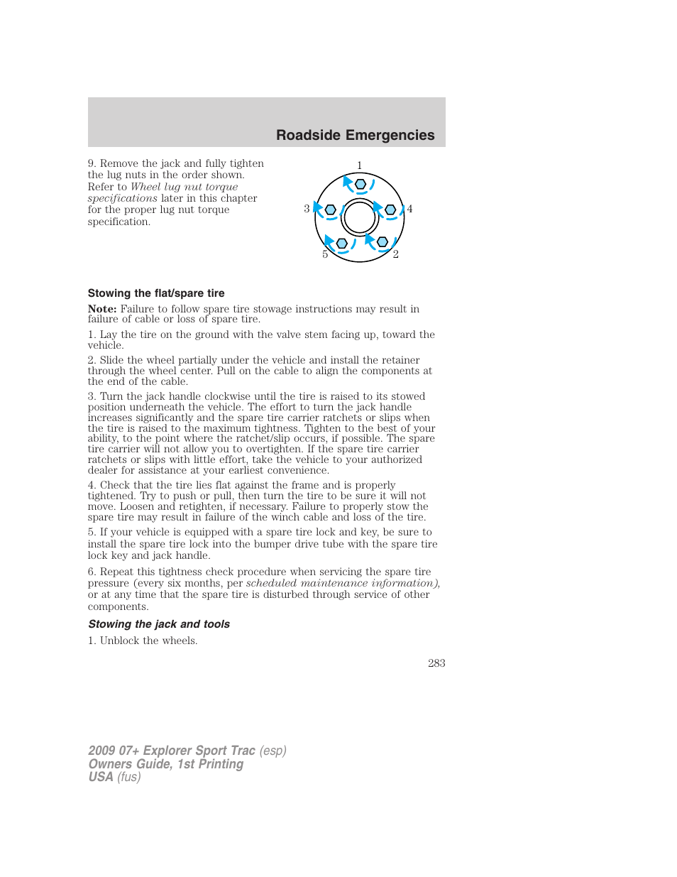 Stowing the flat/spare tire, Stowing the jack and tools, Roadside emergencies | FORD 2009 Explorer Sport Trac v.1 User Manual | Page 283 / 356