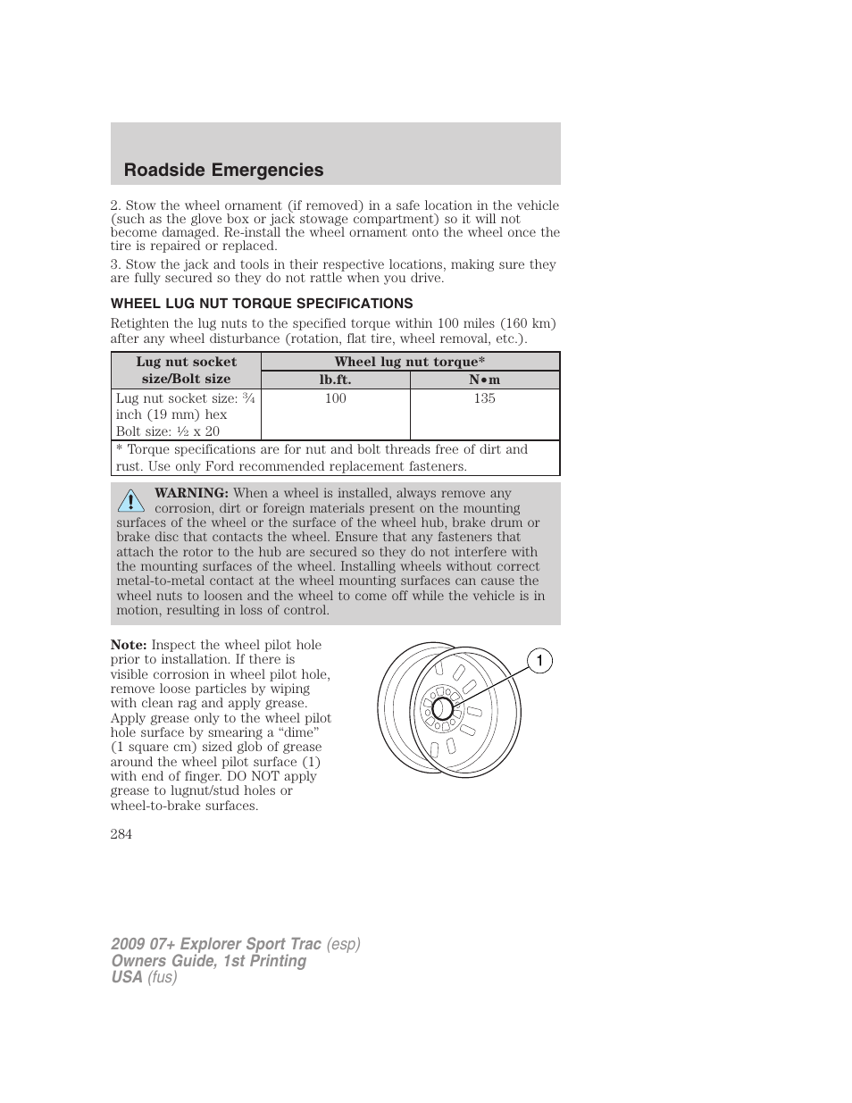 Wheel lug nut torque specifications, Wheel lug nut torque, Roadside emergencies | FORD 2009 Explorer Sport Trac v.1 User Manual | Page 284 / 356