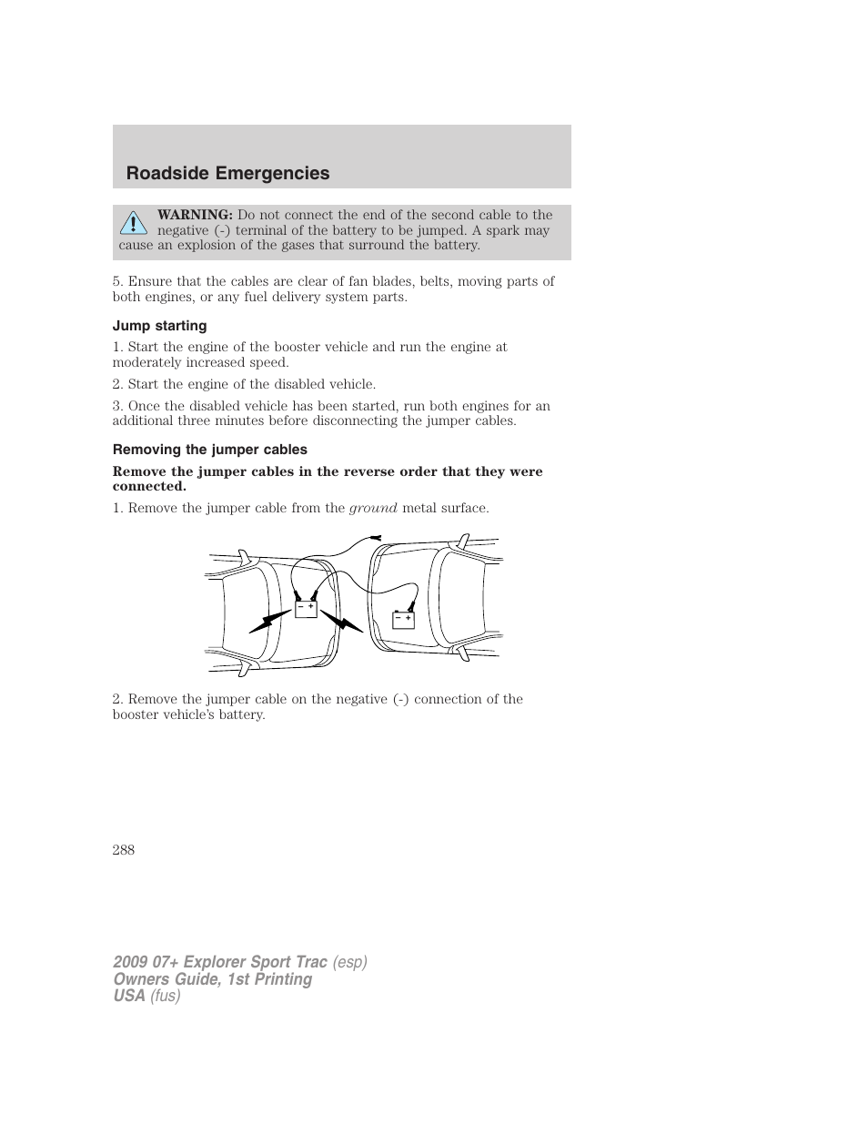 Jump starting, Removing the jumper cables, Roadside emergencies | FORD 2009 Explorer Sport Trac v.1 User Manual | Page 288 / 356