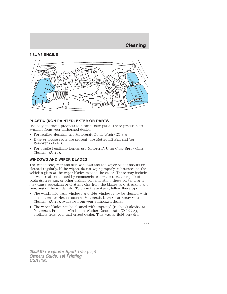 6l v8 engine, Plastic (non-painted) exterior parts, Windows and wiper blades | Cleaning | FORD 2009 Explorer Sport Trac v.1 User Manual | Page 303 / 356