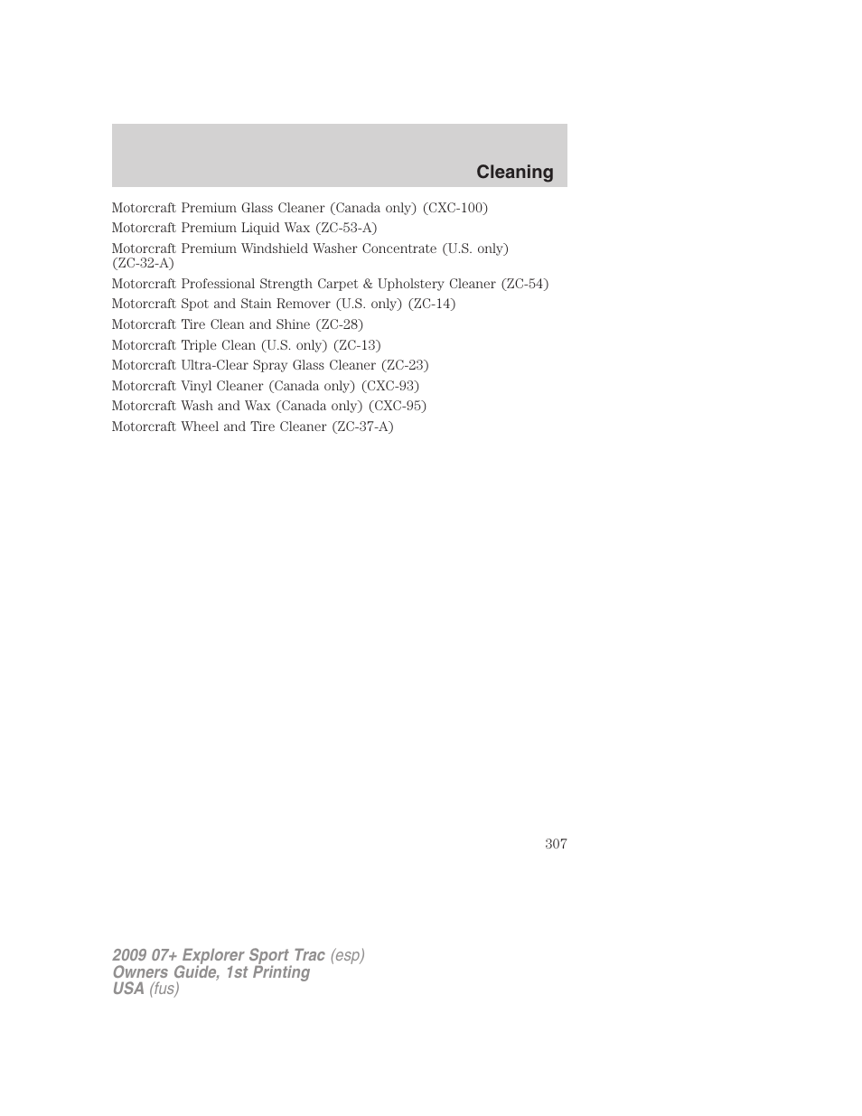 Cleaning | FORD 2009 Explorer Sport Trac v.1 User Manual | Page 307 / 356