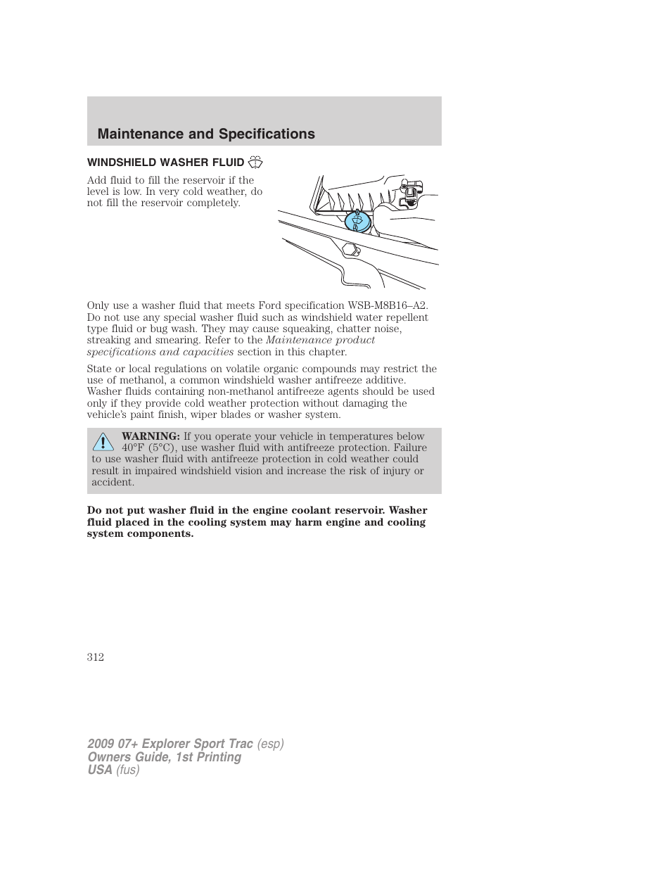 Windshield washer fluid, Maintenance and specifications | FORD 2009 Explorer Sport Trac v.1 User Manual | Page 312 / 356