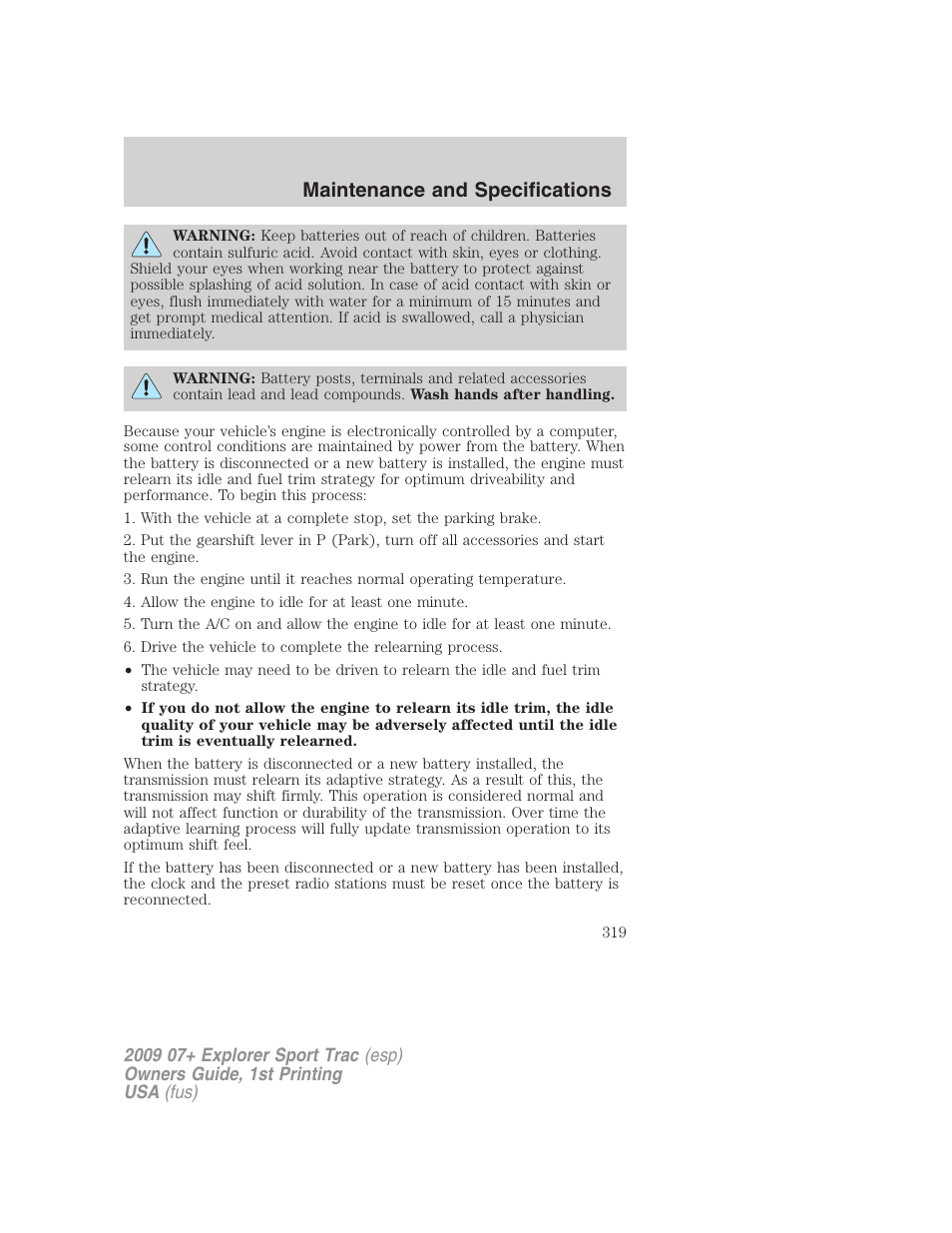 Maintenance and specifications | FORD 2009 Explorer Sport Trac v.1 User Manual | Page 319 / 356