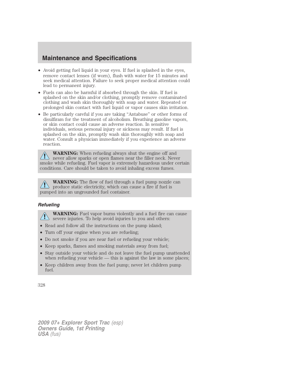 Refueling, Maintenance and specifications | FORD 2009 Explorer Sport Trac v.1 User Manual | Page 328 / 356