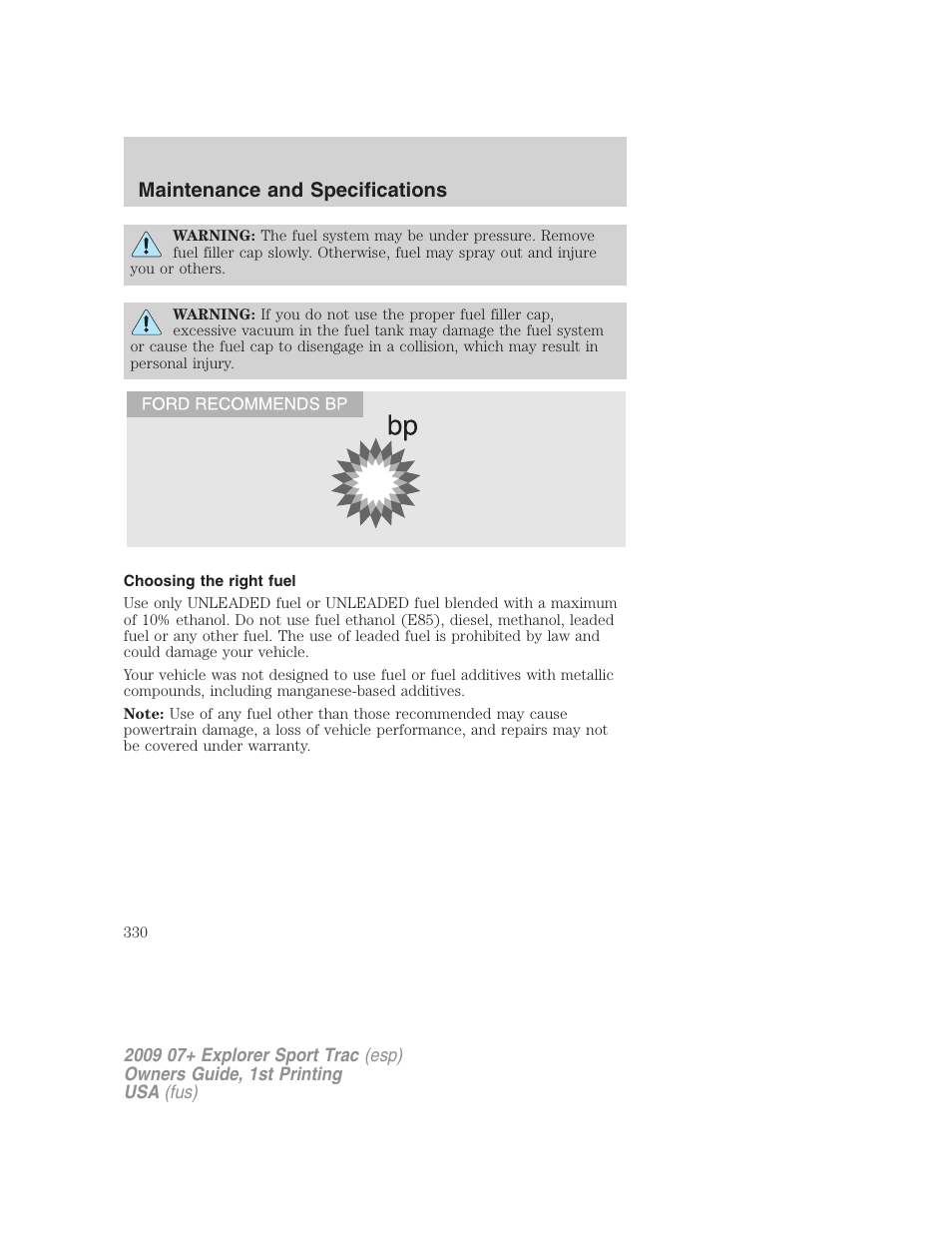 Choosing the right fuel, Maintenance and specifications | FORD 2009 Explorer Sport Trac v.1 User Manual | Page 330 / 356