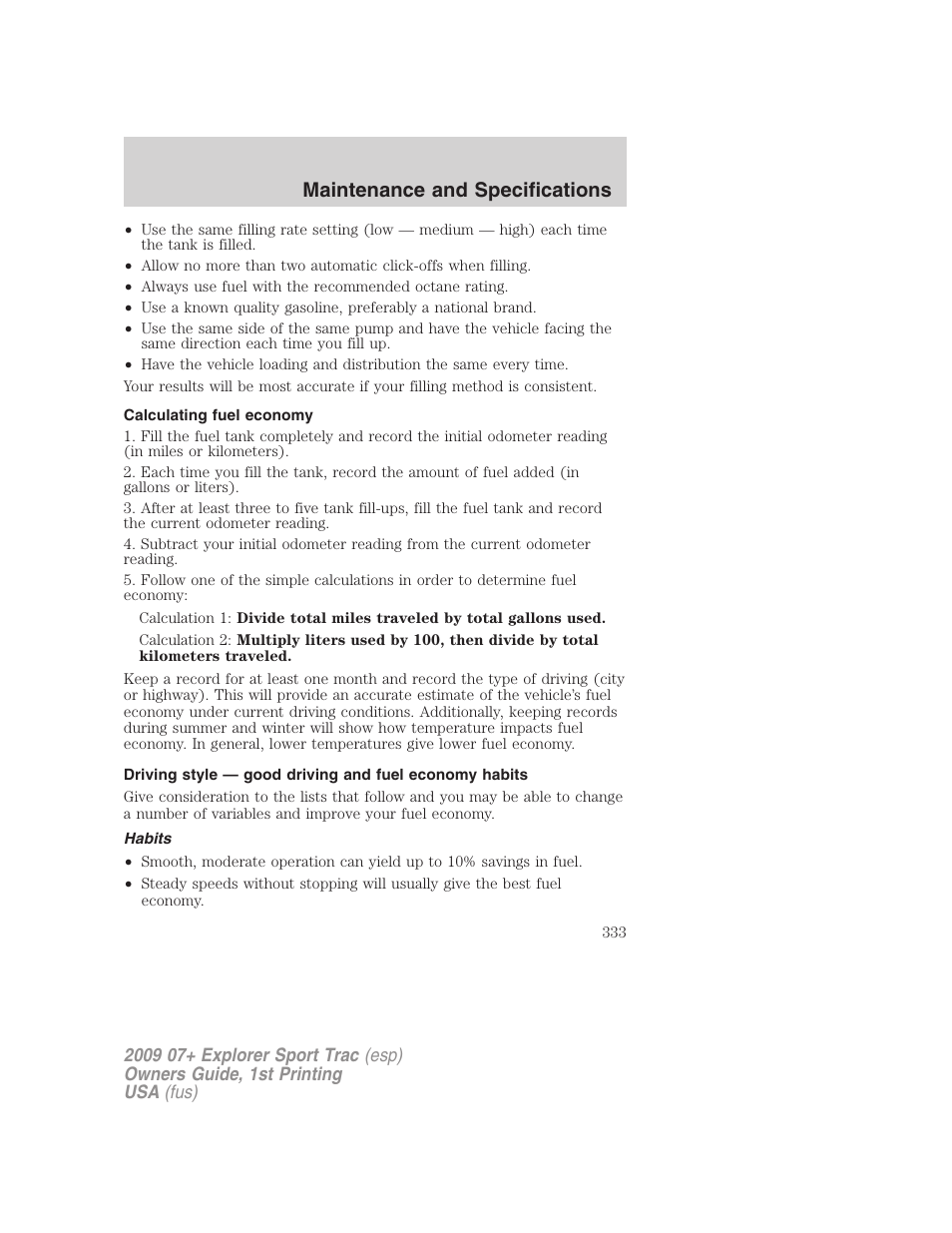 Calculating fuel economy, Habits, Maintenance and specifications | FORD 2009 Explorer Sport Trac v.1 User Manual | Page 333 / 356