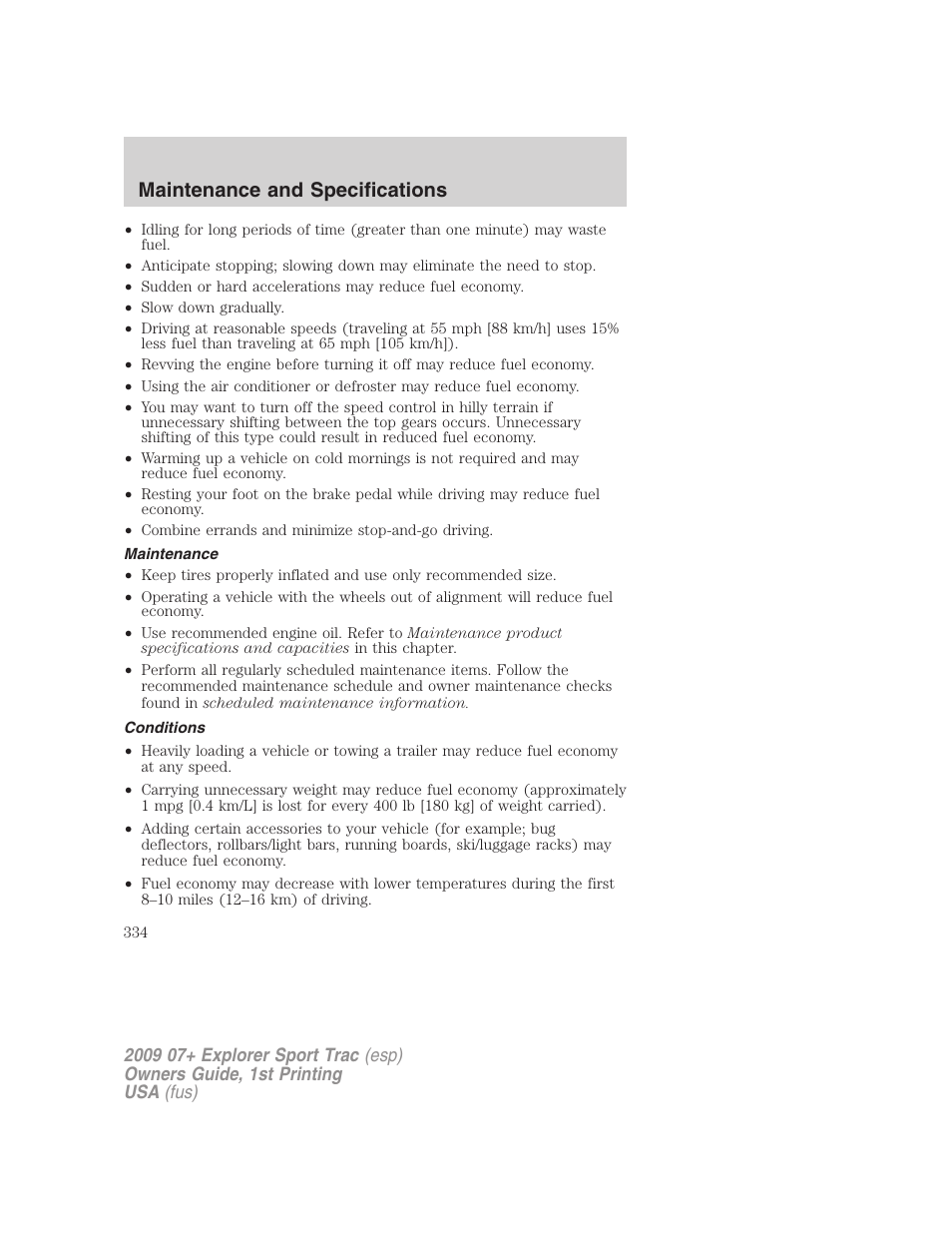 Maintenance, Conditions, Maintenance and specifications | FORD 2009 Explorer Sport Trac v.1 User Manual | Page 334 / 356