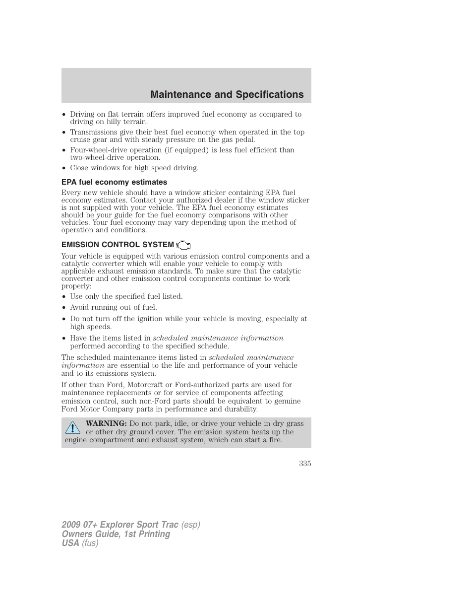 Epa fuel economy estimates, Emission control system, Maintenance and specifications | FORD 2009 Explorer Sport Trac v.1 User Manual | Page 335 / 356