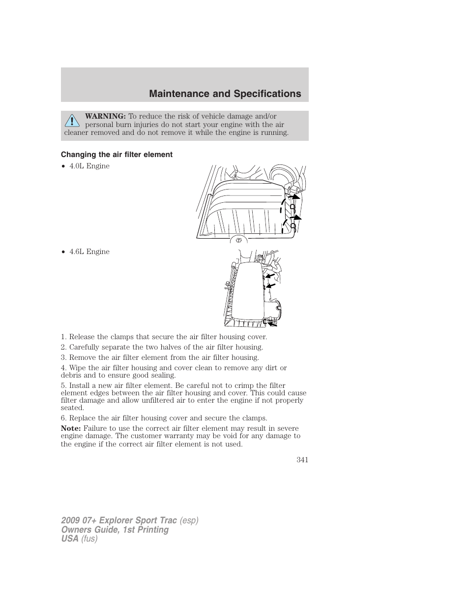 Changing the air filter element, Maintenance and specifications | FORD 2009 Explorer Sport Trac v.1 User Manual | Page 341 / 356