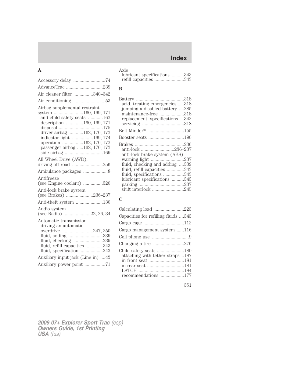 Index | FORD 2009 Explorer Sport Trac v.1 User Manual | Page 351 / 356