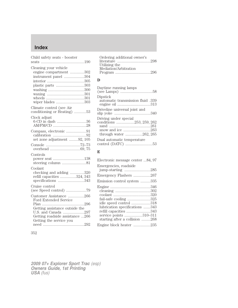 Index | FORD 2009 Explorer Sport Trac v.1 User Manual | Page 352 / 356